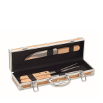 Wood-look case with 3 barbecue utensils wood colour view with print area