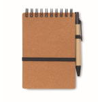 Notebook with blue ink pen and elastic band, lined pages brown colour