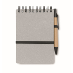 Notebook with blue ink pen and elastic band, lined pages grey colour