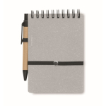 Notebook with blue ink pen and elastic band, lined pages grey colour third view