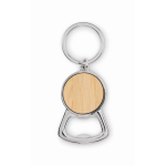 Metal bottle opener keyring with circular bamboo detail wood colour