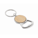 Metal bottle opener keyring with circular bamboo detail wood colour second view