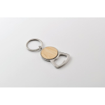 Metal bottle opener keyring with circular bamboo detail wood colour fourth photographic view