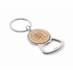 Metal bottle opener keyring with circular bamboo detail wood colour main view