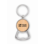 Metal bottle opener keyring with circular bamboo detail wood colour view with print area