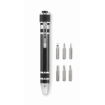 Aluminium multi-tool in pen shape with built-in flashlight black colour