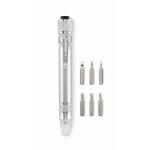 Aluminium multi-tool in pen shape with built-in flashlight silver colour