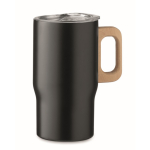 Recycled stainless steel mug with wooden handle, 350 ml black colour