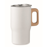 Recycled stainless steel mug with wooden handle, 350 ml white colour