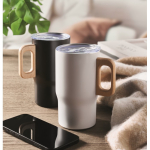 Recycled stainless steel mug with wooden handle, 350 ml white colour ambient view