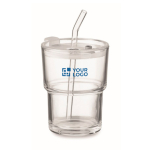 Glass tumbler with leak-proof lid and glass straw, 300 ml transparent colour view with print area