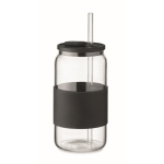 Borosilicate glass tumbler with straw and silicone band, 550 ml black colour