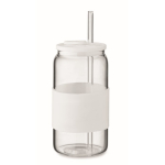 Borosilicate glass tumbler with straw and silicone band, 550 ml white colour