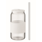 Borosilicate glass tumbler with straw and silicone band, 550 ml white colour third view