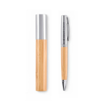 Bamboo pen in matching cylindrical box with blue ink wood colour view with print area