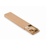 Cardboard box with pencils, eraser, sharpener, and ruler beige colour