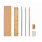 Cardboard box with pencils, eraser, sharpener, and ruler beige colour third view