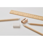 Cardboard box with pencils, eraser, sharpener, and ruler beige colour fifth photographic view