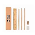 Cardboard box with pencils, eraser, sharpener, and ruler beige colour view with print area