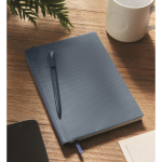 Hardcover notebook with pen inside, A5 lined pages navy-blue colour ambient view