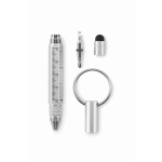 Multi-purpose keyring with black ink pen and tools matt silver colour