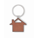 Metal keyring in the shape of a house with synthetic leather inlay brown colour