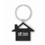 Metal keyring in the shape of a house with synthetic leather inlay black colour view with print area