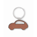 Metal keyring in the shape of a car with synthetic leather inlay brown colour