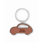 Metal keyring in the shape of a car with synthetic leather inlay brown colour second main view