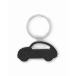 Metal keyring in the shape of a car with synthetic leather inlay black colour