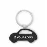 Metal keyring in the shape of a car with synthetic leather inlay black colour view with print area