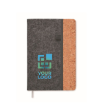 RPET felt and cork cover notebook with lined pages, A5 dark grey colour view with print area