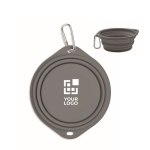 Foldable plate for eating or drinking with carabiner for pets dark grey colour view with print area