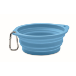 Foldable plate for eating or drinking with carabiner for pets light blue colour