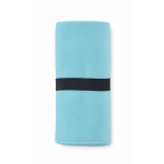 Microfibre sports towel with closure strap, 200 g/m² turquoise colour