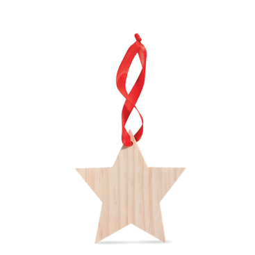 Wooden christmas star decoration with red ribbon for hanging