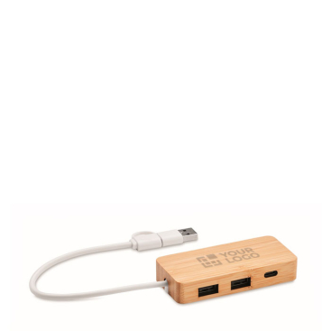 Sustainable 3-port USB hub made of bamboo with cable, 20 cm