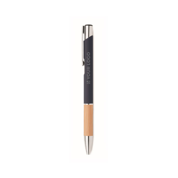 Ballpoint pen with push mechanism, bamboo handle, and blue ink