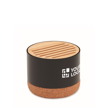 Wireless speaker with cork base and bamboo details