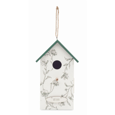 Hanging wooden birdhouse with floral print