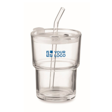 Glass tumbler with leak-proof lid and glass straw, 300 ml