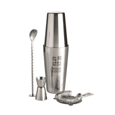 Cocktail set with shaker, measuring cup and strainer for bars