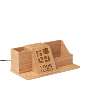 Desk organiser with bamboo pen holder & phone charging station