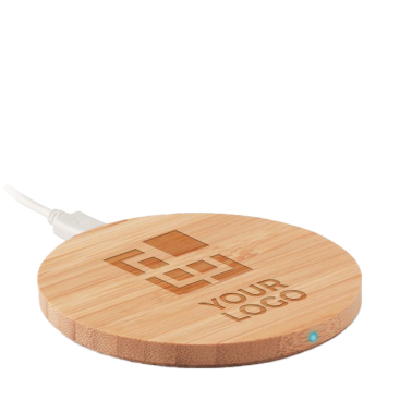 Round wireless smartphone charger made of bamboo wood