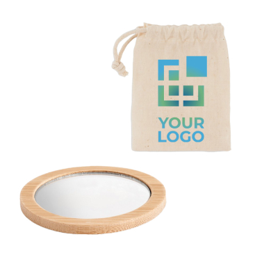 Bamboo makeup mirror, with drawstring bag