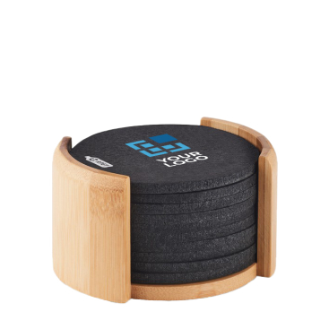 Set of 10 round RPET felt coasters in bamboo holder