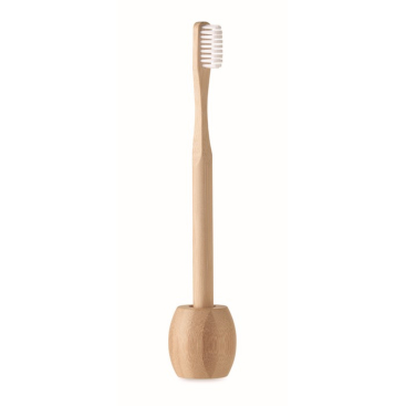 Eco-friendly toothbrush with stand, both made of bamboo wood