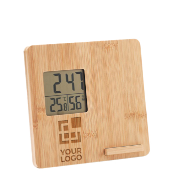 Bamboo weather station with charger and mobile phone holder