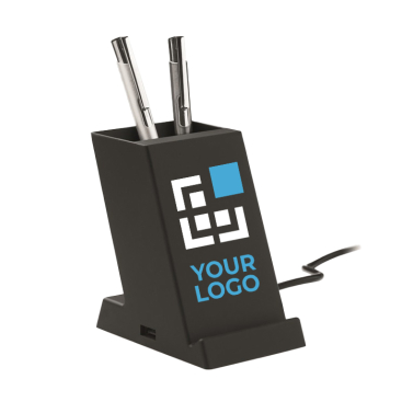 Pencil holder with wireless smartphone charging station and logo