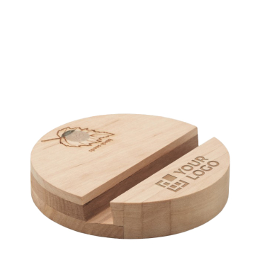 Round wooden smartphone stand mad with birch seeds